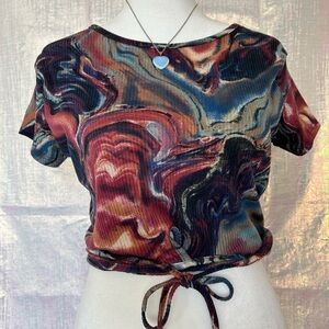 Just Polly Abstract Marble-Print Tie-Front Crop Top Festival Coachella